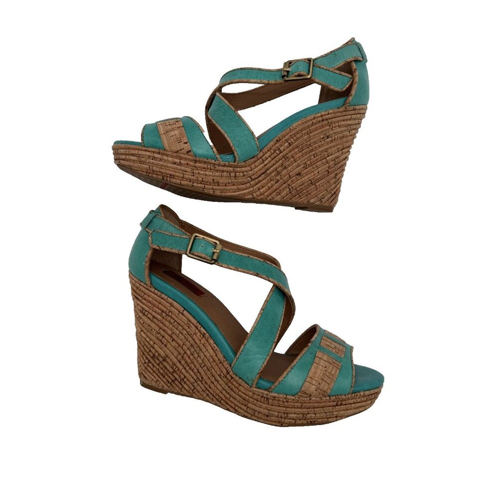 Miz Mooz Kenya‎ Platform Leather Wedge Heel Peep Toe Sandals size 7.5 Cork - Picture 4 of 16